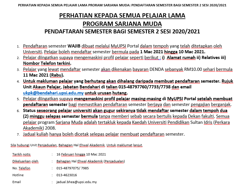 Semester Registration For Semester 2 Session 2020 2021 Upsi Portal Rasmi Universiti Pendidikan Sultan Idris